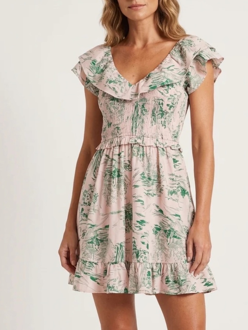 Pink Floral Ruffle Mini Dress Xs meet me
In Santorini NWT